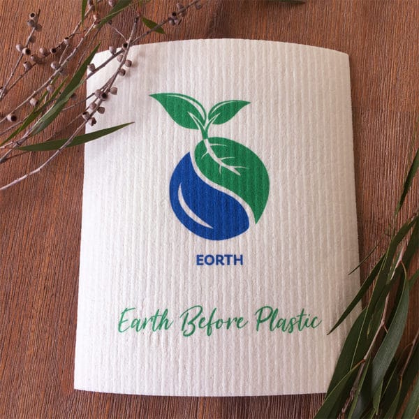 Compostable, Swedish Dishcloth with Earth Before Plastic Text